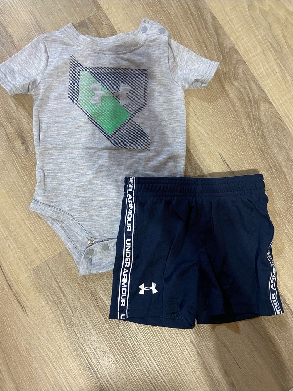 Under Armour Gray Bodysuit with Green Logo & Navy Shorts